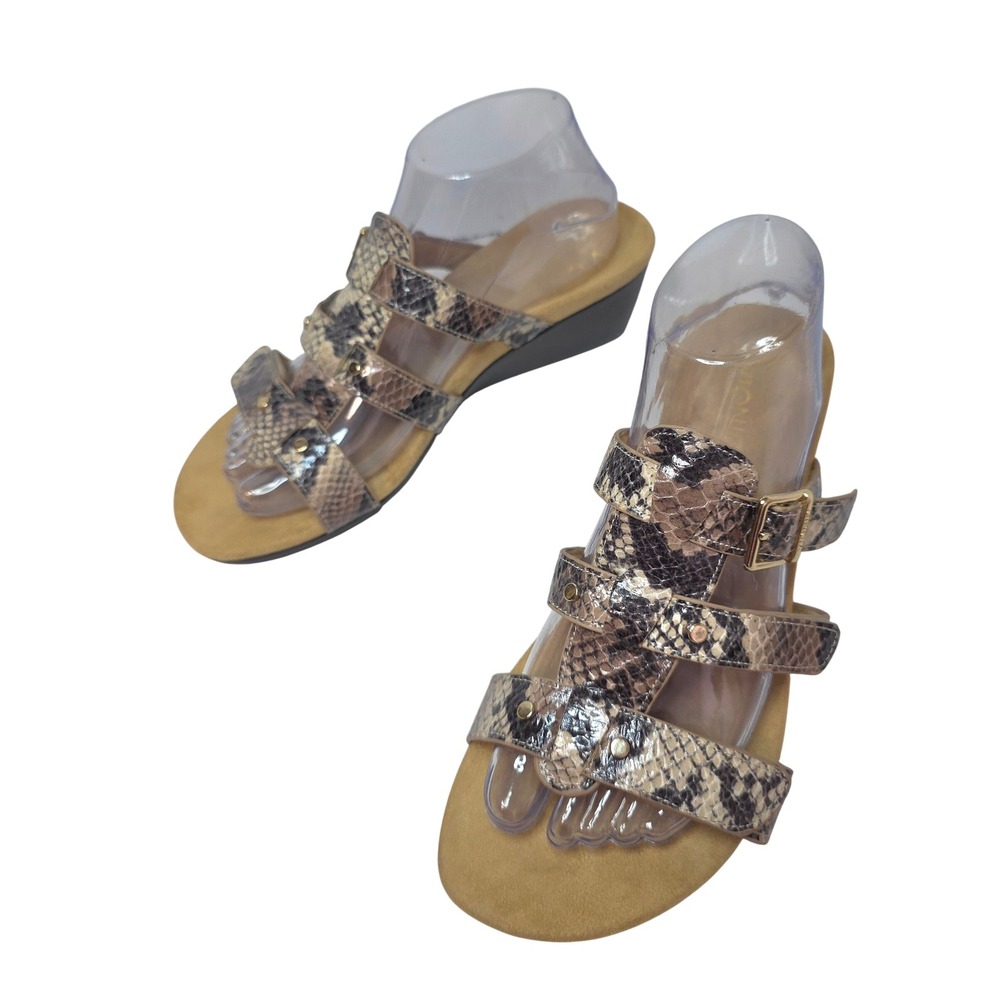 Vionic W's Size 8 Snakeskin Strappy Wedge Sandals Brown Gold Buckle Comfort